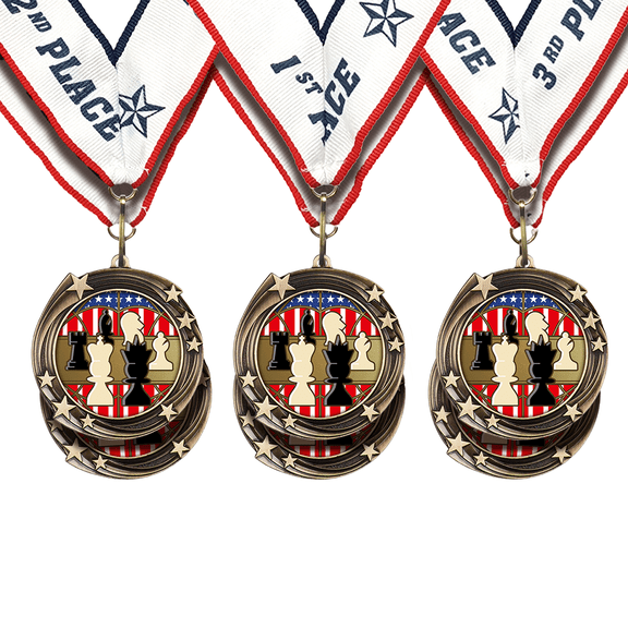 All Quality Chess Swirling Stars Tournament Competition Design Medals - 1st, 2nd, 3rd Place - 2 Pack (6 Medals)