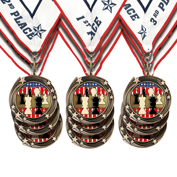 All Quality Chess Swirling Stars Tournament Competition Design Medals - 1st, 2nd, 3rd Place - 3 Pack (9 Medals)
