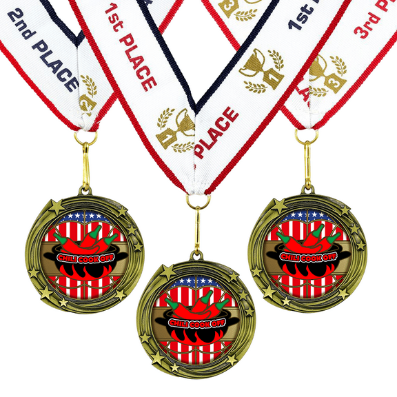 All Quality Chili Cook Off Swirling Stars Design Medals - 1st, 2nd, 3rd Place - 30 Piece Set (10 Pack)