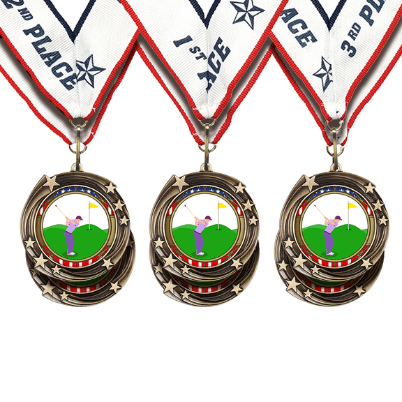 All Quality Golf Swirling Stars Design Medals - 1st, 2nd, 3rd Place - 2 Pack (6 Medals)