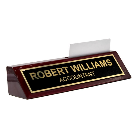 All Quality Piano FInished Rosewood Desk Name Plate with Card Holder, 2" x 8", Black/Gold Plate