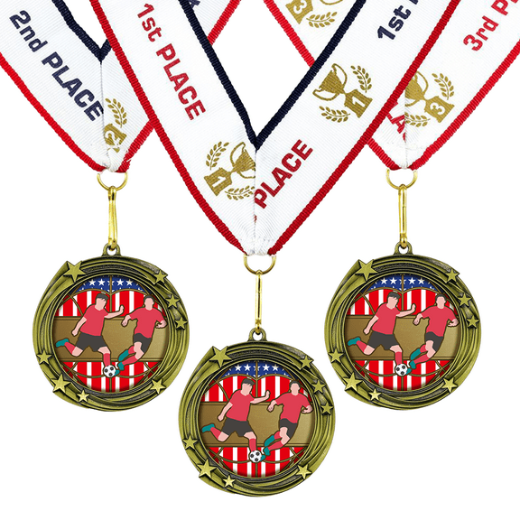 All Quality Soccer Swirling Stars Design Medals - 1st, 2nd, 3rd Place - 30 Piece Set (10 Pack)