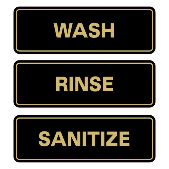 All Quality Standard WASH RINSE SANITIZE Set of 3 Bay Sink Signs - Restaurant & Commercial Kitchen Sink Signs - Easy to Install - Black/Gold (Small)