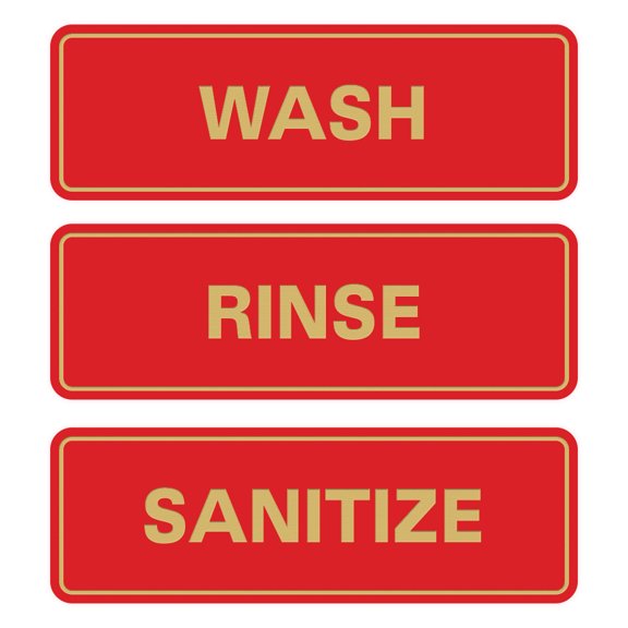 All Quality Standard WASH RINSE SANITIZE Set of 3 Bay Sink Signs - Restaurant & Commercial Kitchen Sink Signs - Easy to Install - Red/Gold (Small)