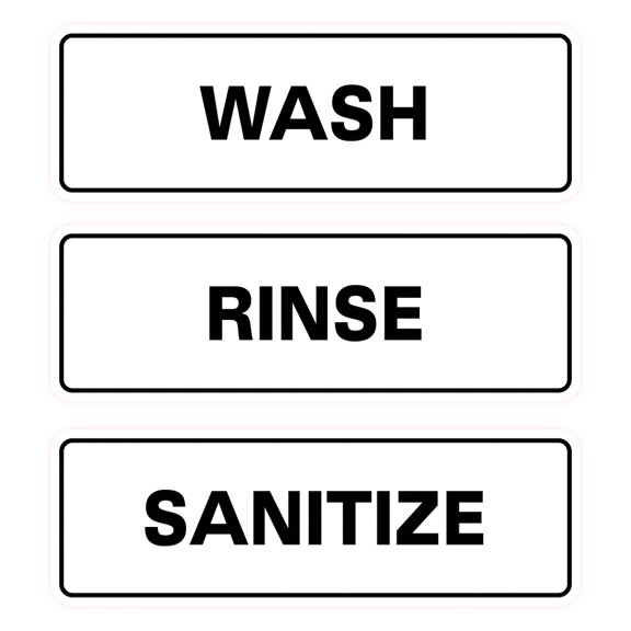 All Quality Standard WASH RINSE SANITIZE Set of 3 Bay Sink Signs - Restaurant & Commercial Kitchen Sink Signs - Easy to Install - White (Small)