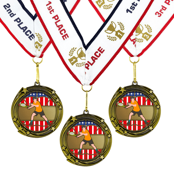 All Quality Tennis Swirling Stars Design Medals - 1st, 2nd, 3rd Place - 9 Piece Set (3 Pack)