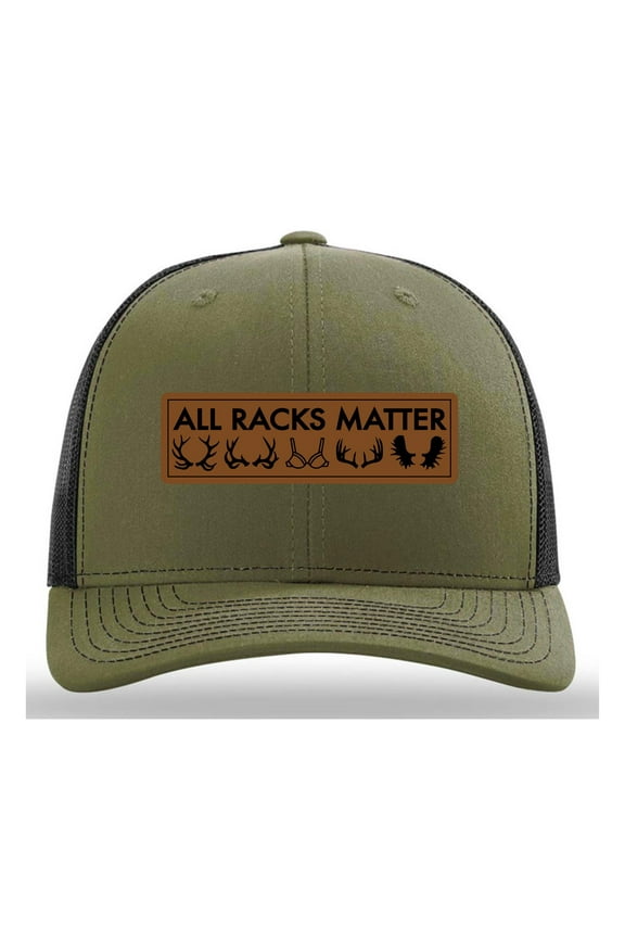 All Racks Matter Hat, Leather Patch Trucker Hat, Deer Hunting Cap, Gag Gift, Loden Black