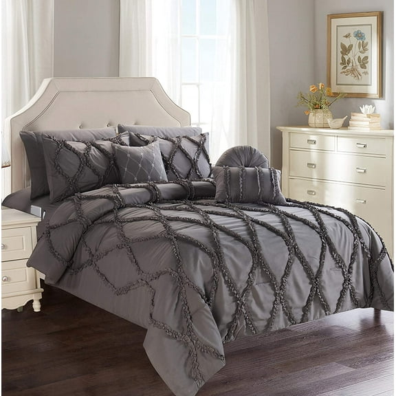 All Season 10-PIECE Bed in a Bag Infinity Collection Comforter Set Wrinkle Resistant Silky-Soft Includes Bed Sheet Set, Full/Queen, Gray