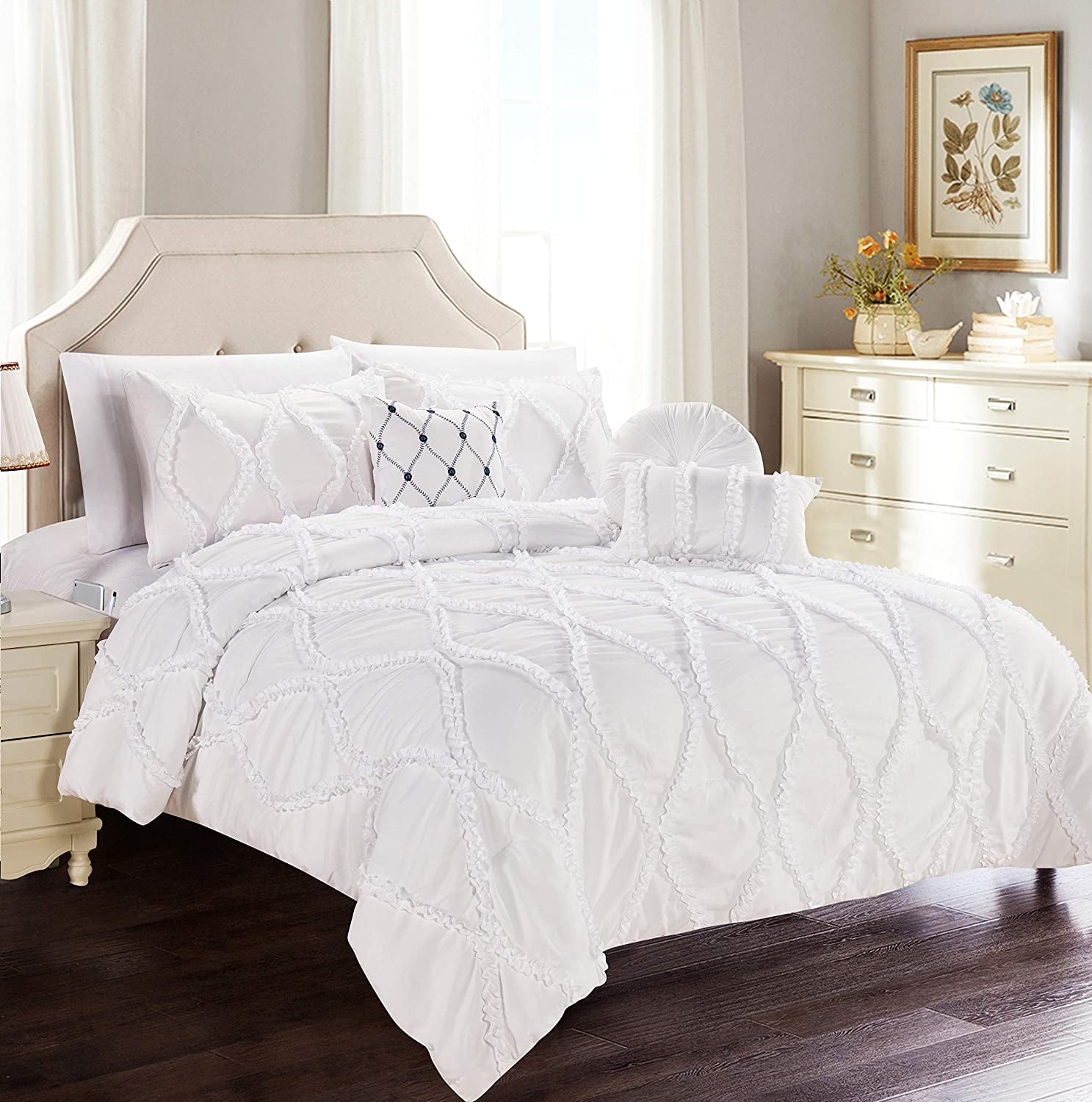 All Season 10-PIECE Bed in a Bag Infinity Collection Comforter Set Wrinkle Resistant Silky-Soft Includes Bed Sheet Set, Full/Queen, White