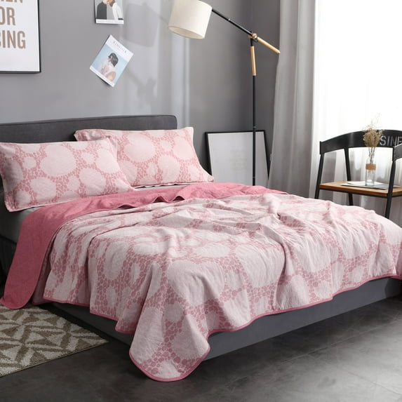 All-Season 100% Washed Cotton 3 Piece Quilt Set Bedspread Queen Blanket and 2 Pillow Case Sham Set (Double/Queen, Coral Pink) – 90 x 90