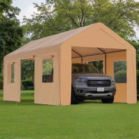 All-Season 13' x 20' Heavy Duty Portable Outdoor Garage Carport with Mesh Windows,Khaki