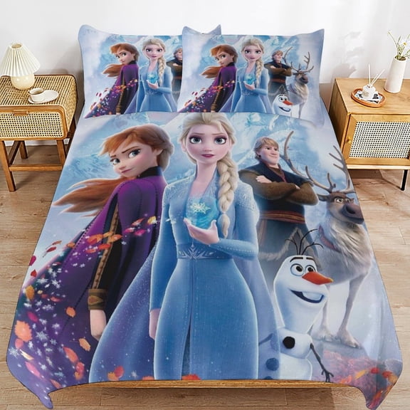 All Season 3-Piece Bedding Comforter Set Frozen Cartoon Duvet Cover Twin Bed with 2 Pillowcase 102"x90"
