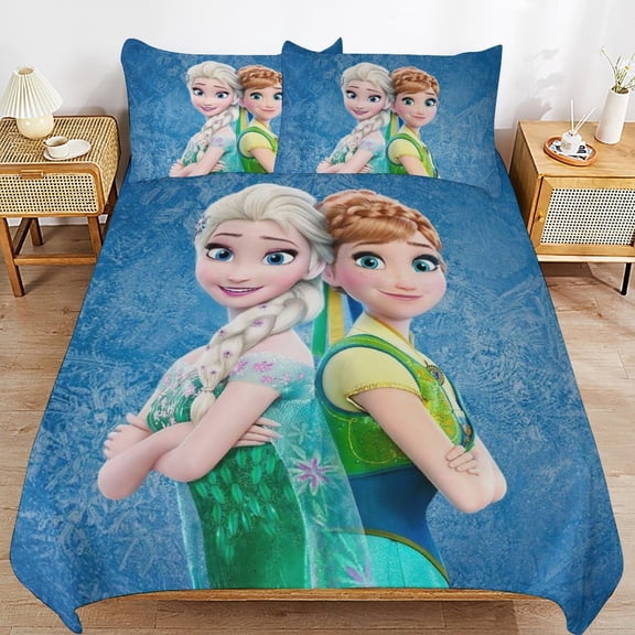 All Season 3-Piece Bedding Comforter Set Frozen Cartoon Duvet Cover Twin Bed with 2 Pillowcase 90"x90"