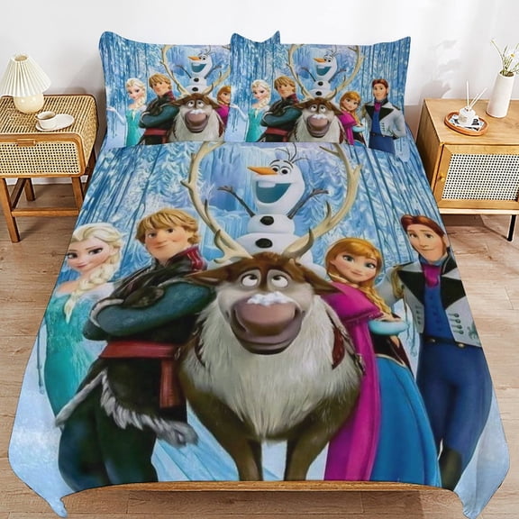 All Season 3-Piece Bedding Comforter Set Frozen Cartoon Duvet Cover Twin Bed with 2 Pillowcase 90"x90"