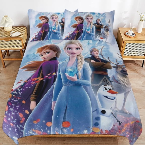 All Season 3-Piece Bedding Comforter Set Frozen Cartoon Duvet Cover Twin Bed with 2 Pillowcase 90"x90"