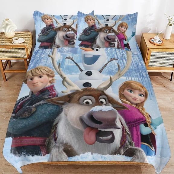 All Season 3-Piece Bedding Comforter Set Frozen Cartoon Duvet Cover Twin Bed with 2 Pillowcase 90"x90"