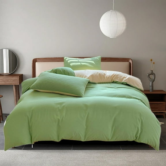 All-Season Bedding, Set of 4 100% Washed Cotton Linen Feel Super Soft Comfortable Chic Lightweight 4 PCs Home Bedding Set Solid Green. Suitable for 1.8m beds, Home Essentials