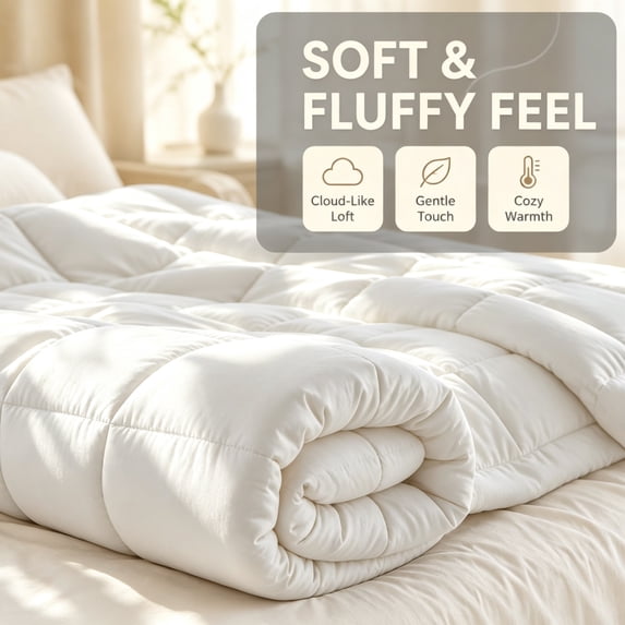 All Season Box Stitched Down Alternative Comforter - Soft Spandex Blend Fabric, Lightweight Polyester Fill, Machine Washable Bedding