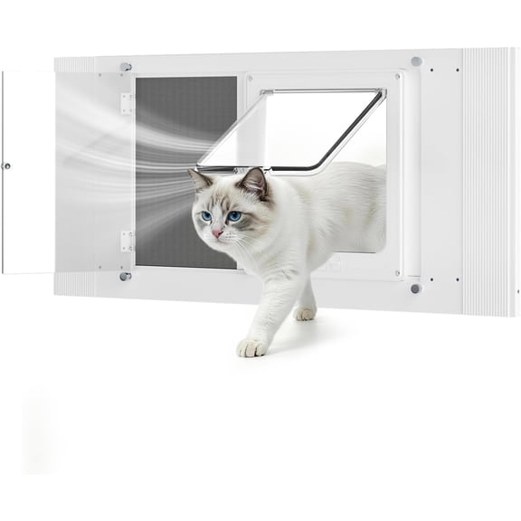All-Season Cat Window Door with Screen Mesh & Clear Acrylic Panel – 24-28 Inch Adjustable Width, Magnetic Closure Weatherproof Pet Door Insert for Sliding Windows, Aluminum Frame