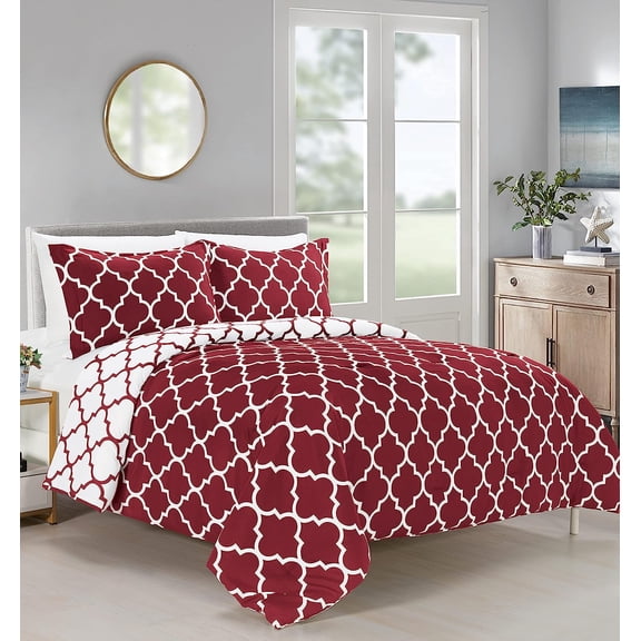 All Season Comforter - Medium Weight & Super Soft - Quatrefoil Pattern Down Alternative, Reversible 3-Piece Set, King/California King, Burgundy/White