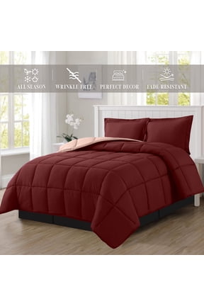 All-Season Comforter Set - Reversible 3-Piece Bedding with Super Soft Down Alternative Fill - Full/Queen Size, Perfect for Year-Round Use, Burgundy/Dusty