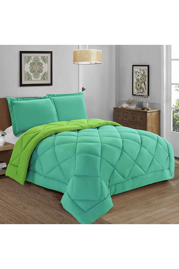 All-Season Comforter Set - Reversible 3-Piece Bedding with Super Soft Down Alternative Fill - King/California King Size, Perfect for Year-Round Use, Aqua/Lime