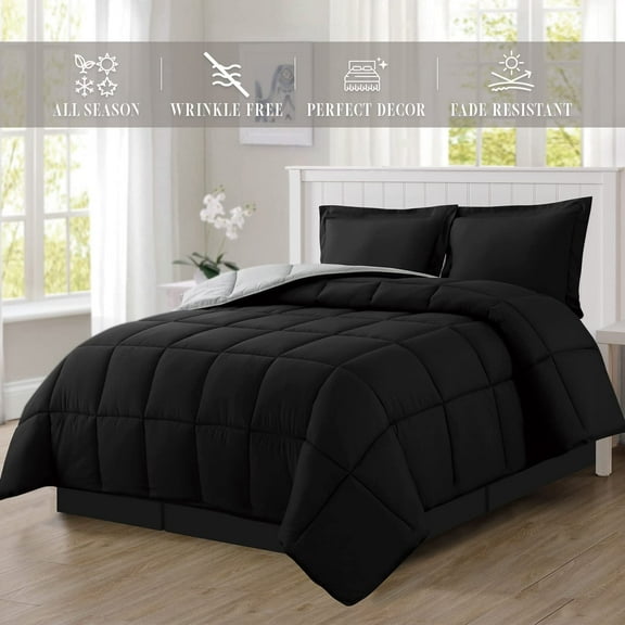 All-Season Comforter Set - Reversible 3-Piece Bedding with Super Soft Down Alternative Fill - King/California King Size, Perfect for Year-Round Use, Black/Silver