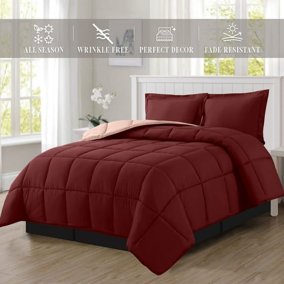 All-Season Comforter Set - Reversible 3-Piece Bedding with Super Soft Down Alternative Fill - King/California King Size, Perfect for Year-Round Use, Burgundy/Dusty