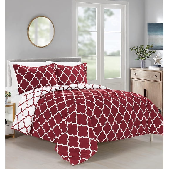 All-Season Comforter Set - Reversible 3-Piece Bedding with Super Soft Down Alternative Fill - Twin/Twin XL Size, Perfect for Year-Round Use, Quatrefoil Burgundy/White