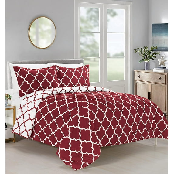 All-Season Comforter Set - Reversible 3-Piece Bedding with Super Soft Down Alternative Fill - Twin/Twin XL Size, Perfect for Year-Round Use, Quatrefoil Burgundy/White