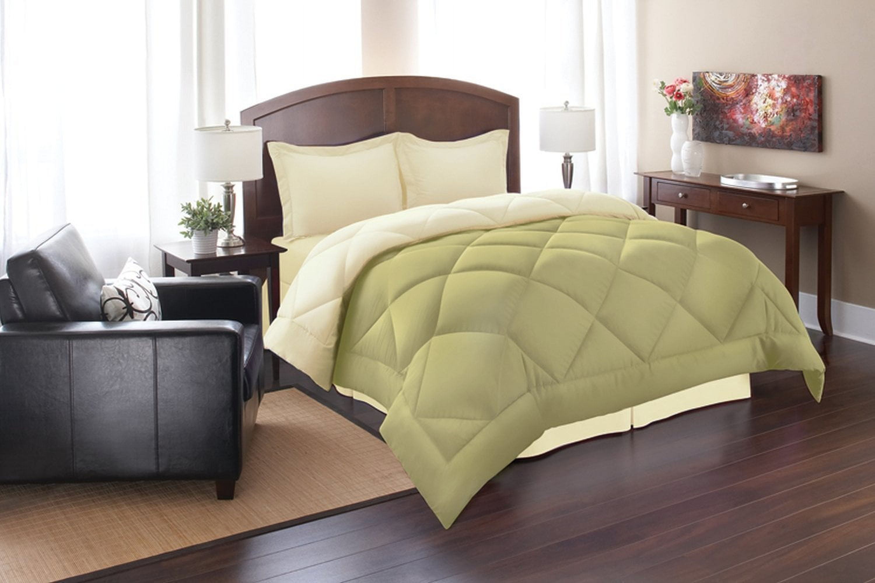 Full Sage and Cream Reversible Microfiber Down Alternative Comforter Set