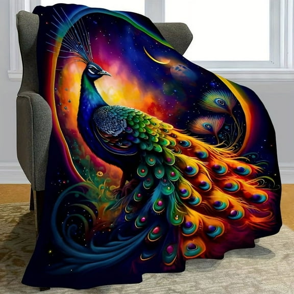 All-Season Flannel Throw Blanket Vibrant Peacock Design in Multi-Color Soft Warm & Cozy for Couch Bed Office Travel Camping Artistic Feather Pattern