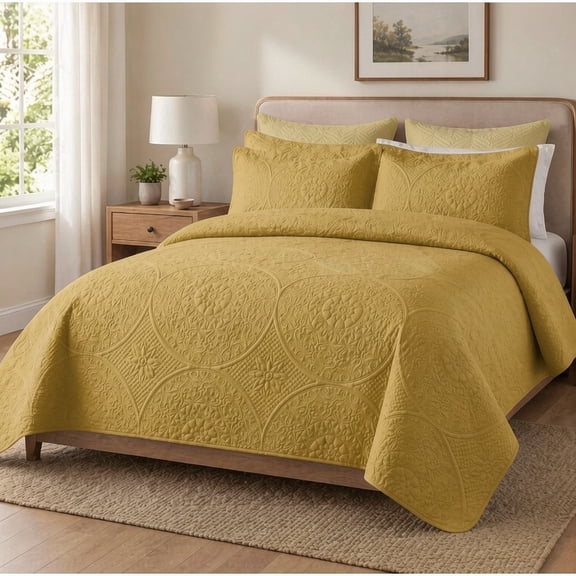 All‑Season Floral Quilt Bedspread – Lightweight & Cozy,Color:Gold,Size:Queen