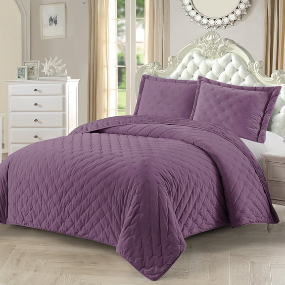 All Season Fluffy Velvet Mini Dots Quilted Embroidered Luxurious Soft Bedspread - Full/Queen - Purple