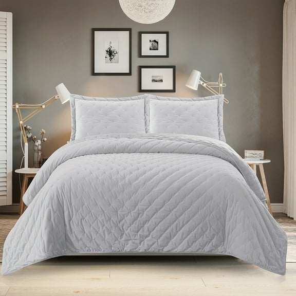 All Season Fluffy Velvet Mini Dots Quilted Embroidered Luxurious Soft Bedspread - King/Calking - Gray