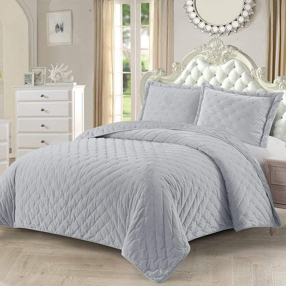 All Season Fluffy Velvet Mini Dots Quilted Embroidered Luxurious Soft Bedspread - Twin/Twin XL - Gray