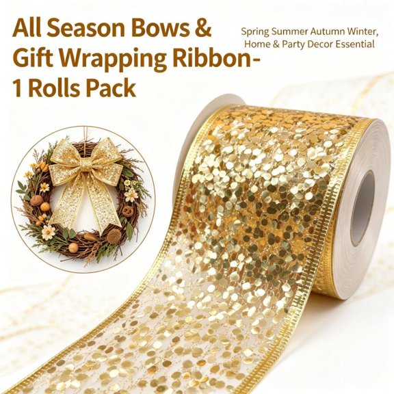 All Season Gold Sequin Wired Edge Ribbon, 2.5 Inch x 10 Yard, 1 Roll, Glitter Sheer Ribbon for Wreath Bows, Gift Wrapping, Wedding & Holiday Decor