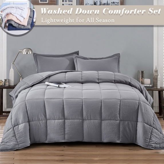 All Season Gray 3 Piece King Size Shabby Chic Down Alternative Comforter Set with Corner Tabs