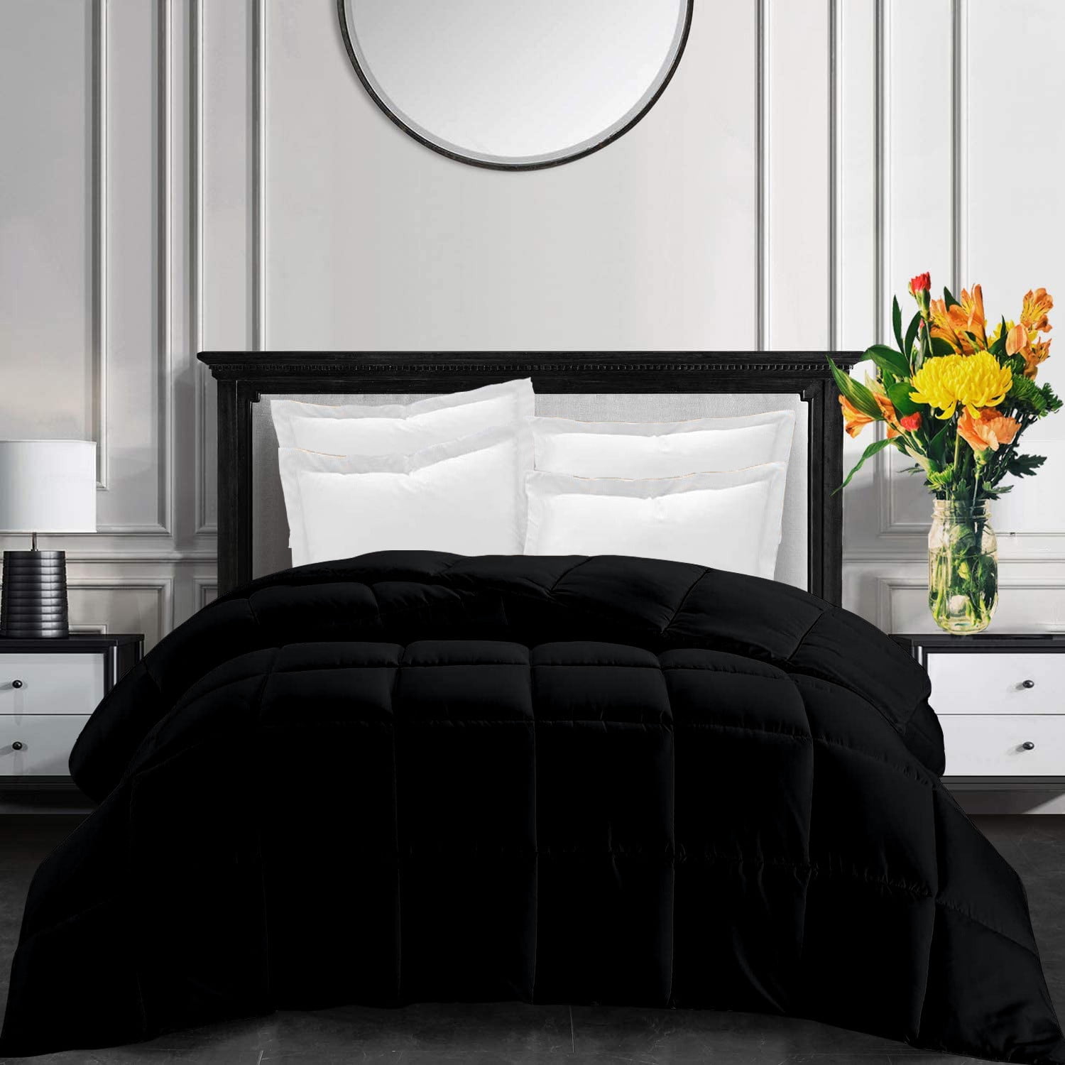 All-Season High Tc Box Comforter Twin/Twin XL Sized 68 by 90 inch Black Solid, 1 Piece Soft Quilted Box Stitched Box Comforter 800 TC 100% Egyptian Cotton