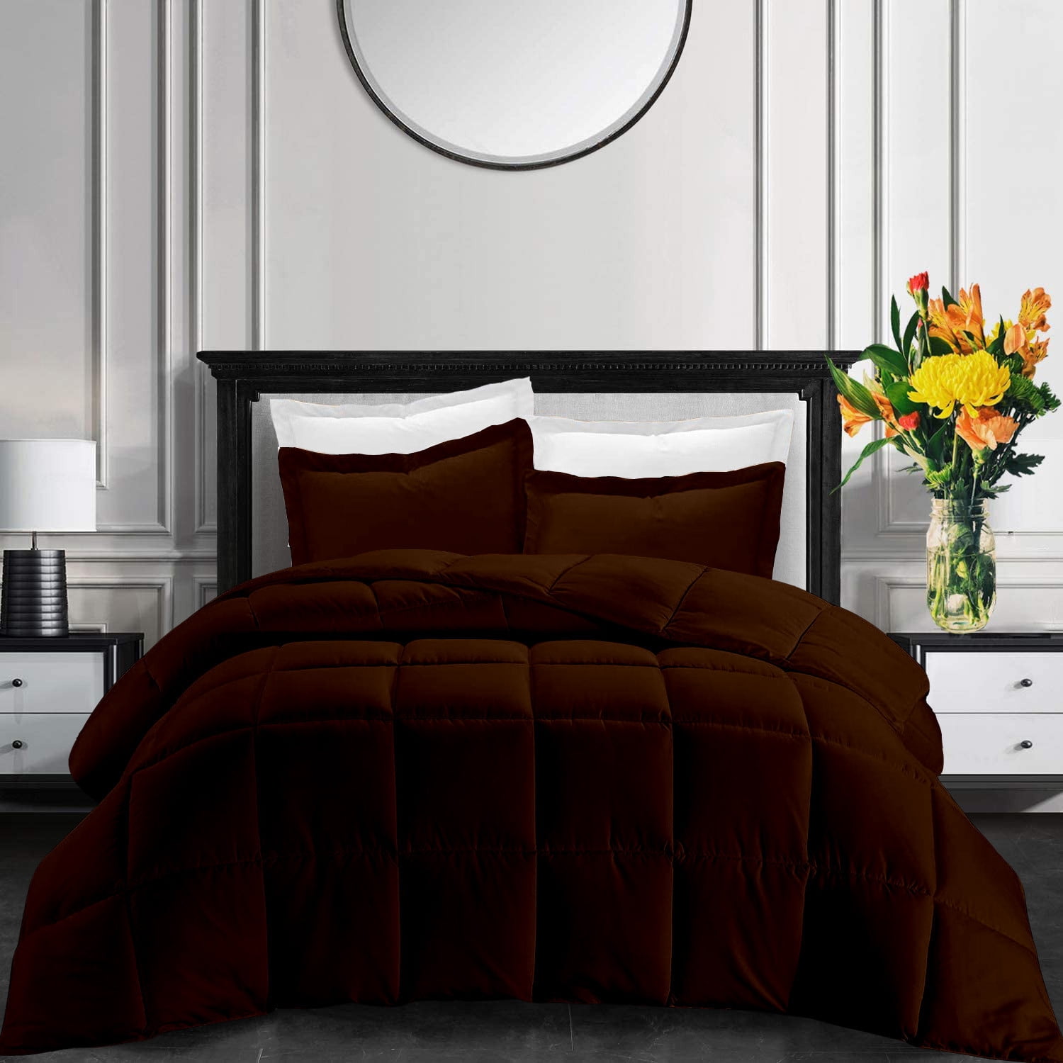 All-Season High Tc Box Comforter Twin/Twin XL Sized 68 by 90 inch Brown Solid, 3 Piece Soft Quilted Box Stitched Box Comforter Set 800 TC 100% Egyptian Cotton