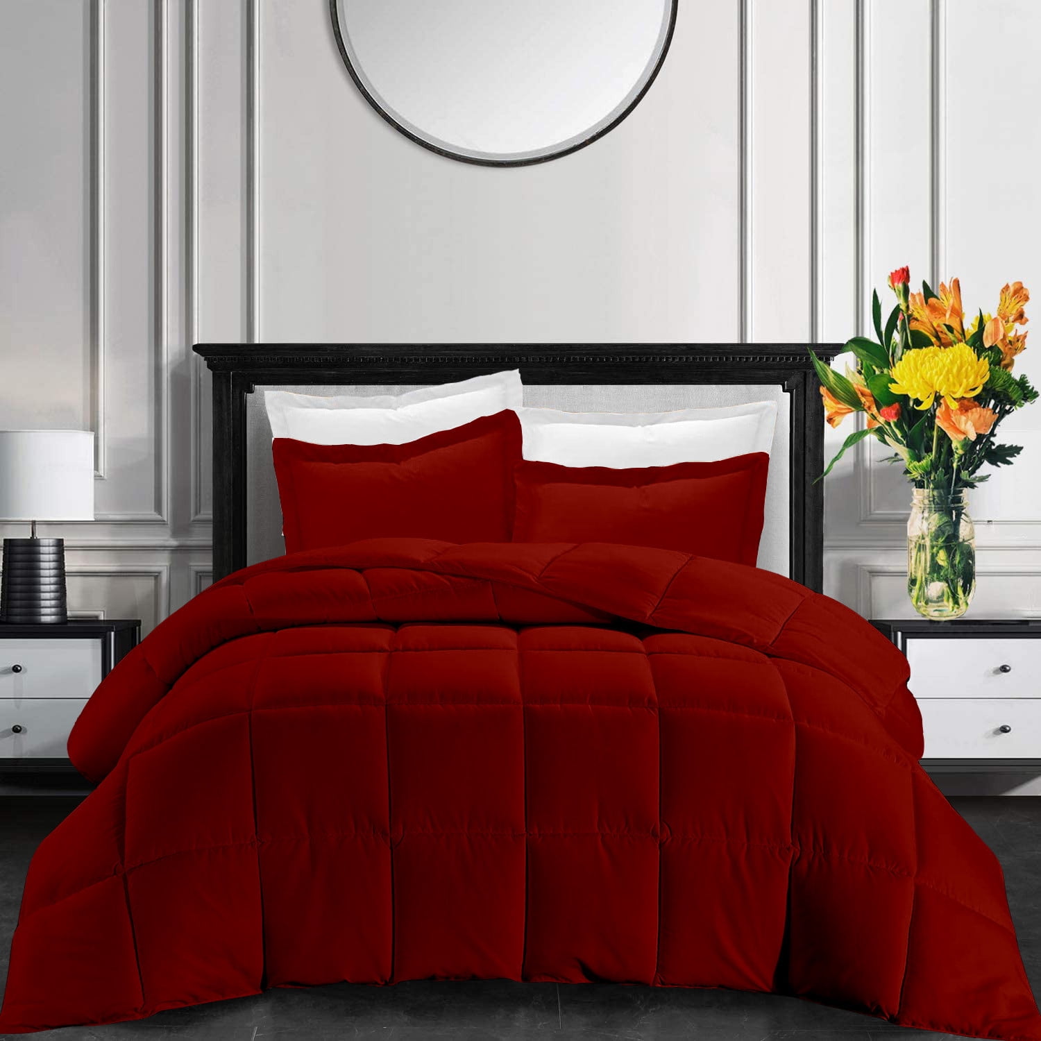 All-Season High Tc Box Comforter Twin/Twin XL Sized 68 by 90 inch Burgundy Solid, 3 Piece Soft Quilted Box Stitched Box Comforter Set 800 TC 100% Egyptian Cotton