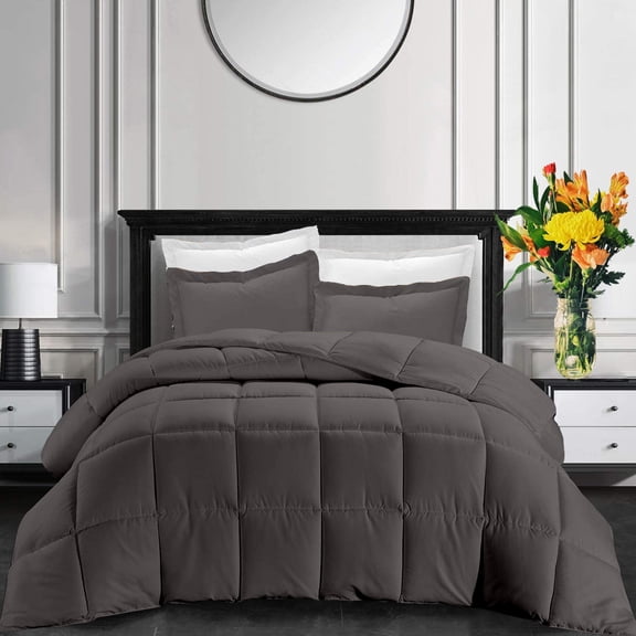 All-Season High Tc Box Comforter Twin/Twin XL Sized 68 by 90 inch Dark Grey Solid, 3 Piece Soft Quilted Box Stitched Box Comforter Set 800 TC 100% Egyptian Cotton