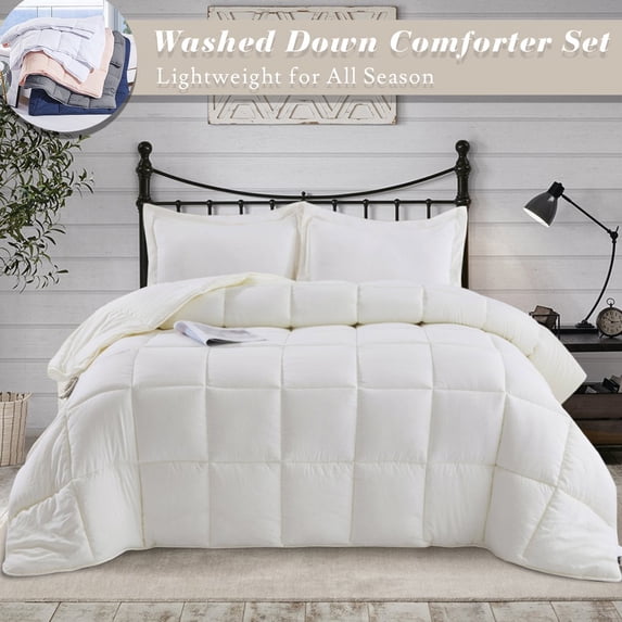 All Season Ivory 3 Piece King Size Shabby Chic Down Alternative Comforter Set with Corner Tabs