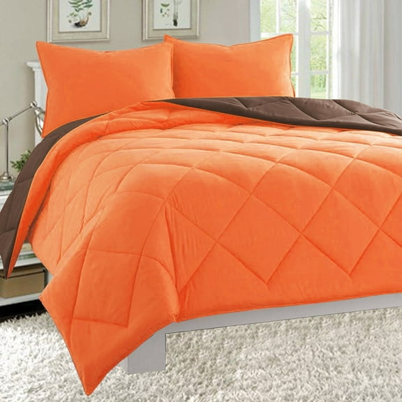 All Season Light Weight Down Alternative Reversible 3 Piece Comforter Set Wrinkle & Fade Resistant King/Cal King, Orange/Chocolate