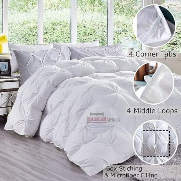All-Season Pinch Pleated Down Alternative Comforter | Queen 90x90 Size 1 - Piece | Microfiber Quilt Duvet with 8 Corner Tabs, Ultra Soft Lightweight & Fluffy | Pintuck White