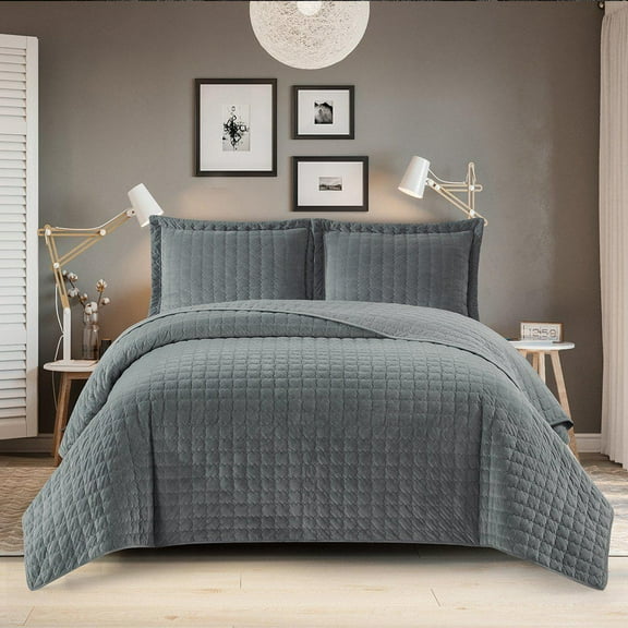 Royal Tradition Plush Velvet Gray Quilted Checkered Bedspread & Coverlet, (2 Count)