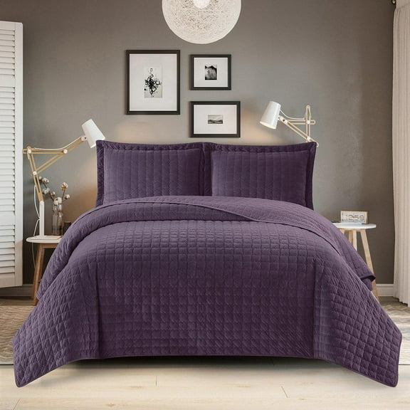 Royal Tradition Plush Velvet Purple Quilted Checkered Bedspread & Coverlet, Full/Queen
