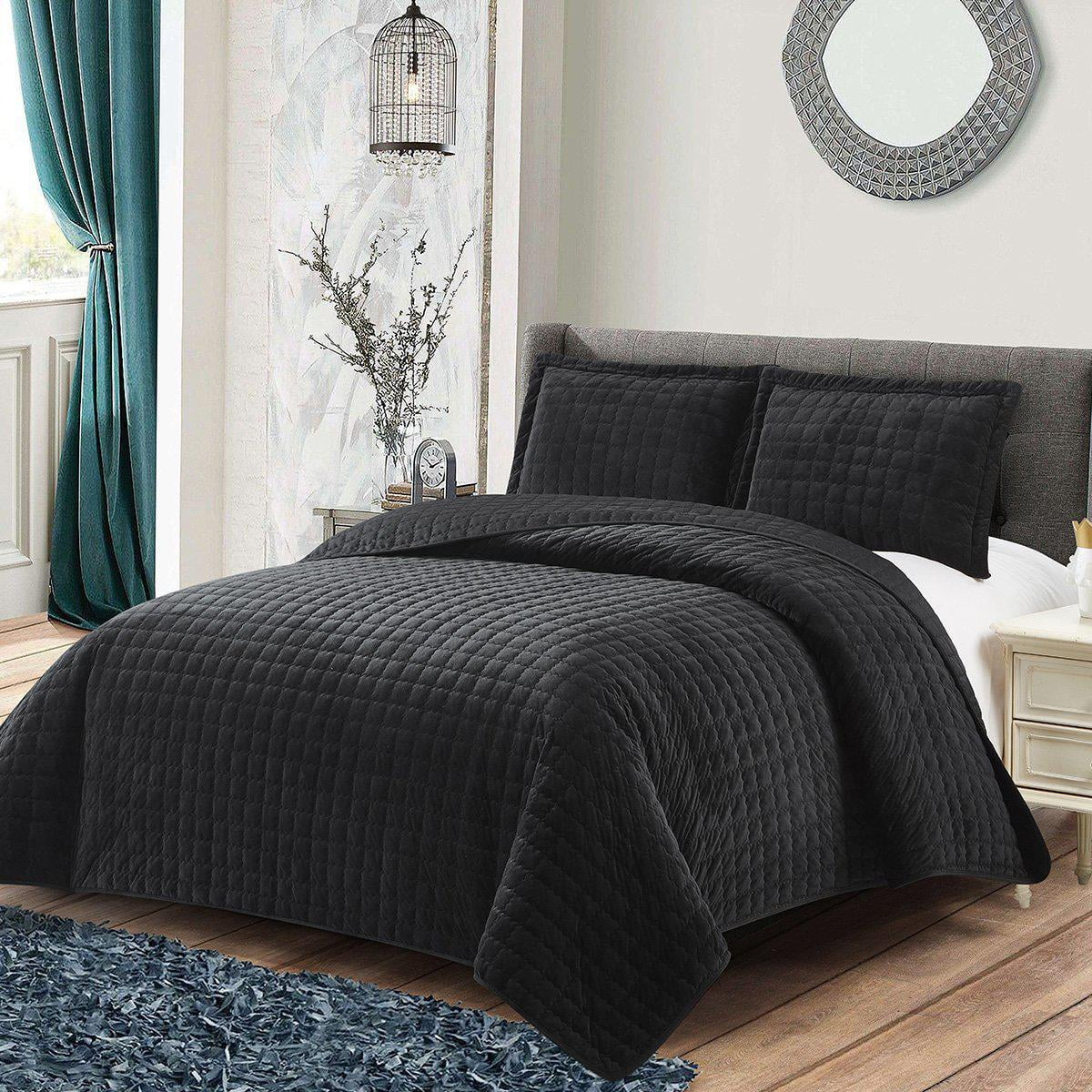Black Quilted Velvet King/Cal-King Bedspread Set