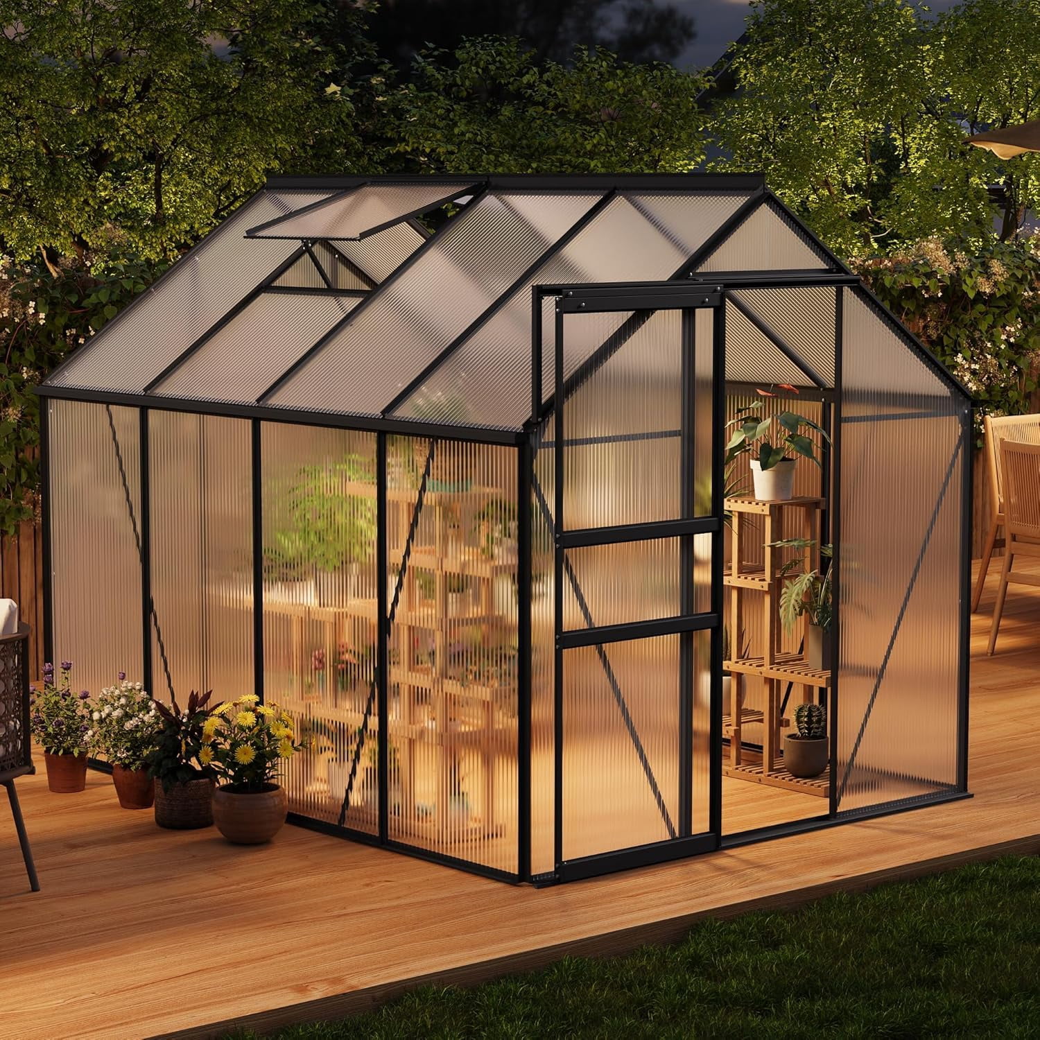All-Season Polycarbonate Walk-In Greenhouse 6x8 FT – Durable Aluminum Frame, Sliding Door, Adjustable Roof Vent, Rain Gutter – Ideal for Outdoor Garden, Patio, Backyard – 8-Black