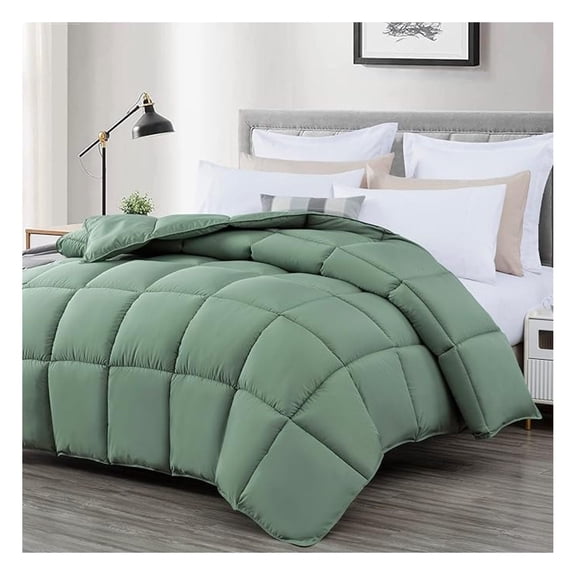 All Season Queen Size Down Comforter - Plush Microfiber Fill - Box Stitch Quilted - Duvet Insert with Corner Tabs (Full/Queen, Sage Green)